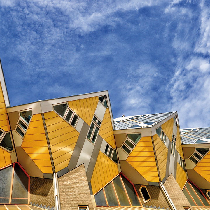 Bright yellow cube houses, Rotterdam, Netherlands